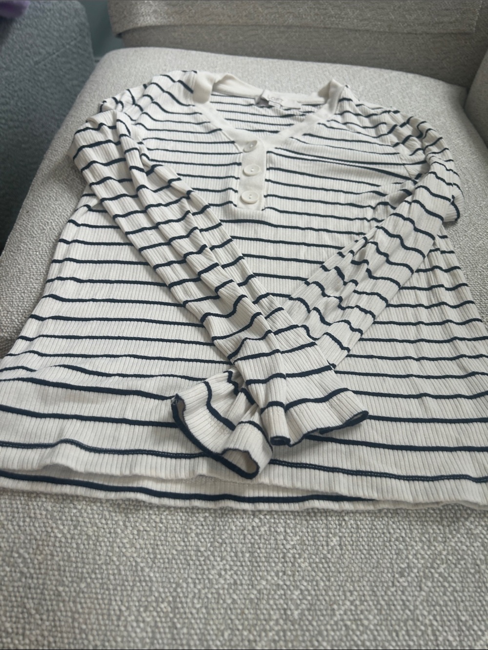 LOFT White & Navy Striped Ribbed Henley Long-Sleeve Top Brand New never worn